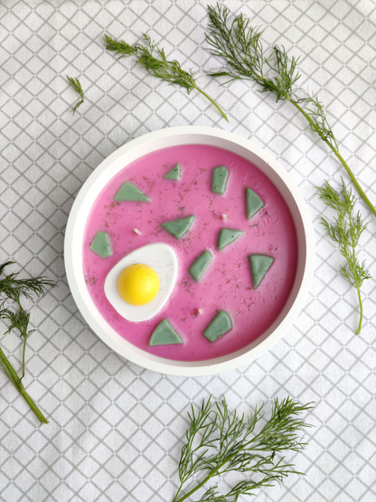 Rankų darbo sojų vaško žvakė "Šaltibarščiai" - velykinės dekoracijos, žvakės