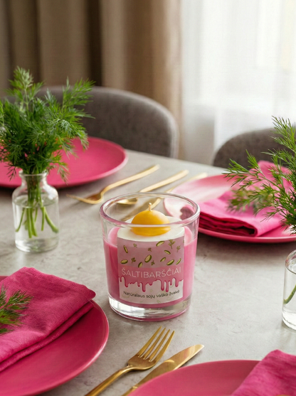 Rankų darbo sojų vaško žvakė "Šaltibarščiai MINI"