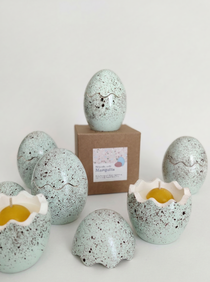 Easter beeswax candle in a jar "Margutis", green-blue.